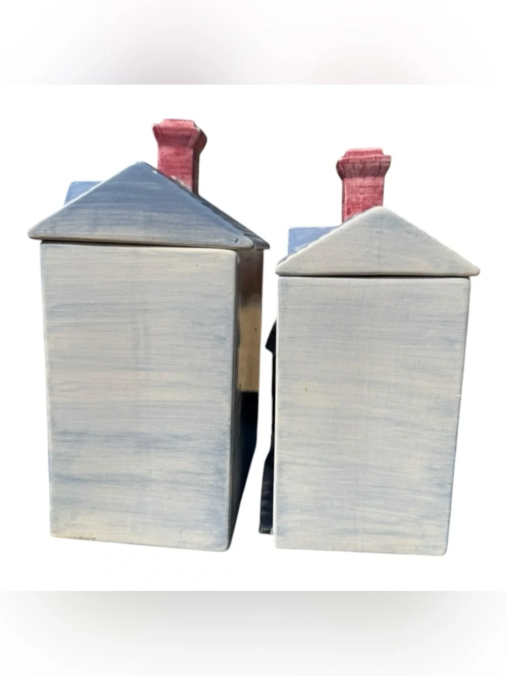 Vintage Ceramic House Canister Set of 2 Blue Cottagecore Kitchen Storage Jars